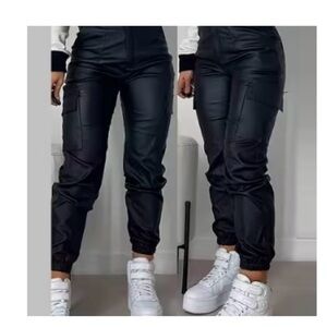 Black Faux Leather Cargo Jogger Pants - Women